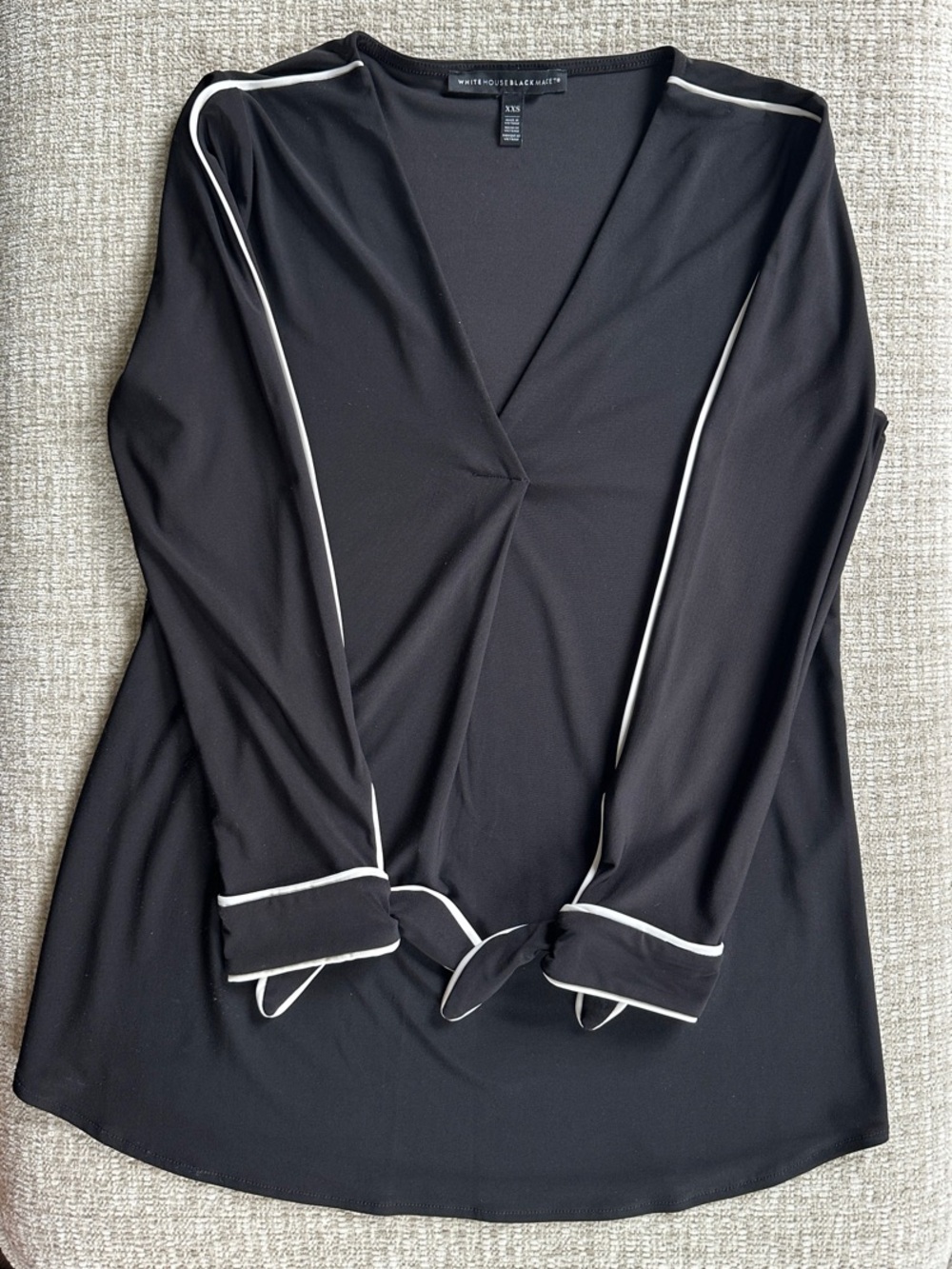 White House Black Market Black V-Neck Blouse with White Piping